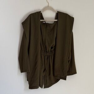 Olive Green Open Front Cardigan with Hood and Adjustable Tie